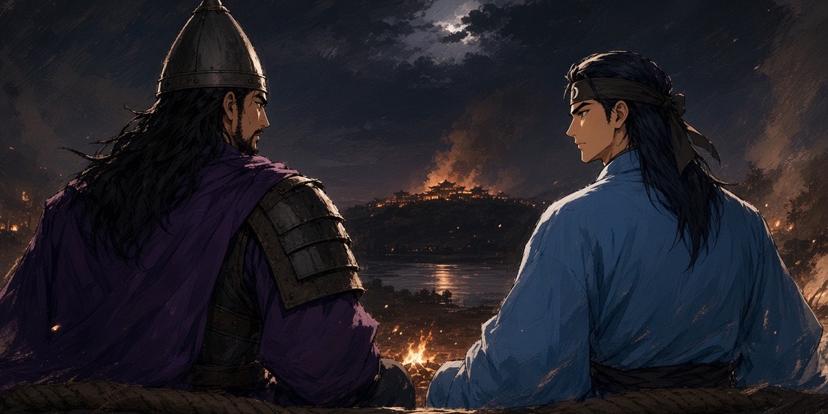 The general looks across the river at Great Gaya's smoking roofs; the boy-general, for once, says nothing.