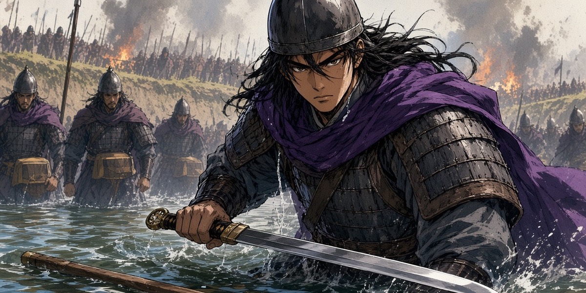 Young Muryuk, in his father's tall cone helm, holds the ford alone at the front of the Gaya guard.