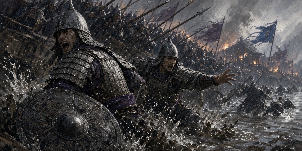 Gaya shieldmen give way on the riverbank as Silla spears come over the top.