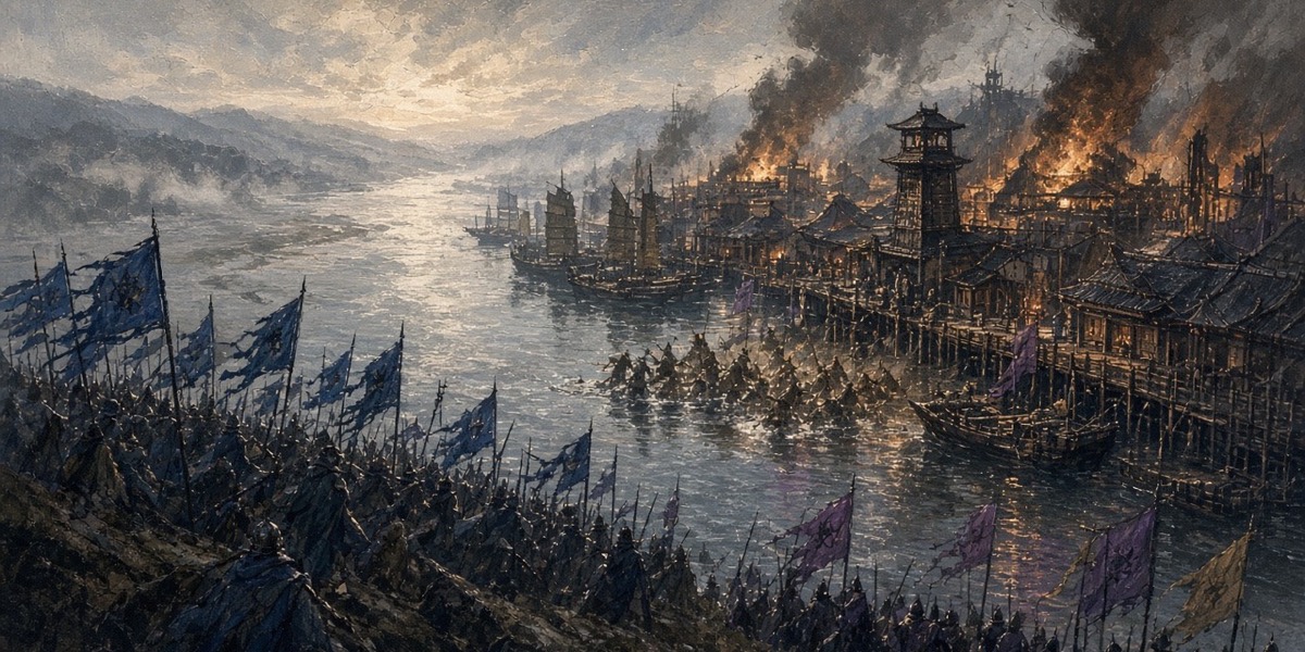 The Battle of Golden Gaya: Silla spears pour down both banks of the river below the iron harbour, smoke rising off the iron sheds.