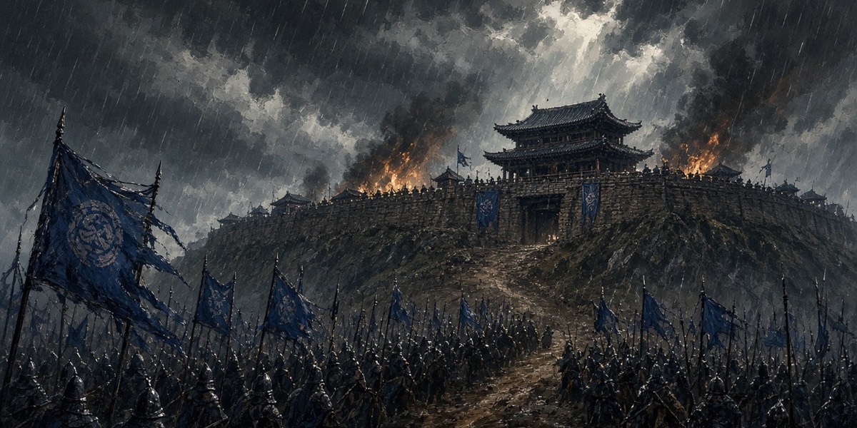 The Battle of Great Gaya: a hill city in rain and smoke, its gate shut, Silla horse massed below.