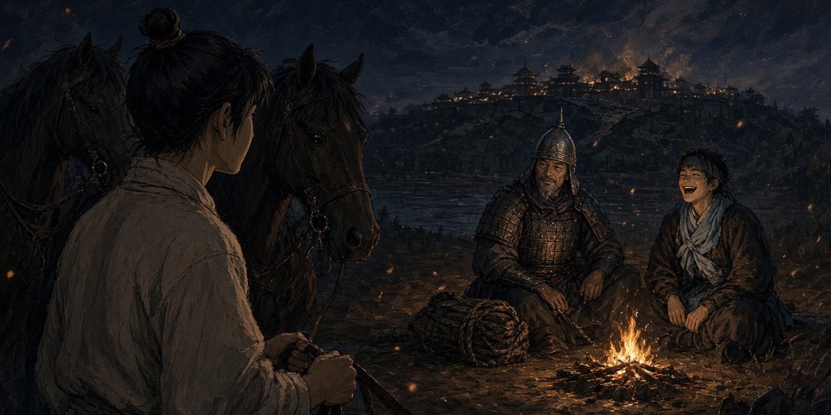 Twelve-year-old Seohyun holds two horses at the edge of the firelight while his father talks with the boy-general.