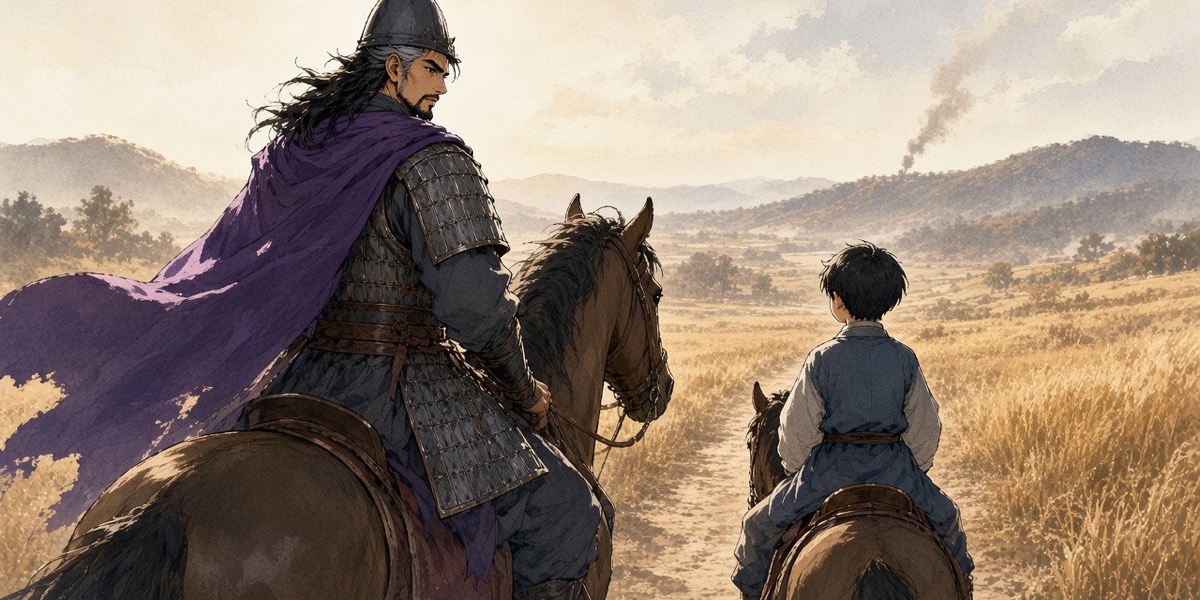 Riding north from Gaya, Muryuk rides behind his twelve-year-old son and watches him.