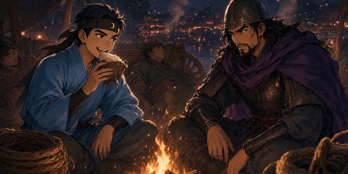 Night in the Silla camp: Sadaham eats rice out of his helmet on a coil of cut rope while the general sits down beside him.