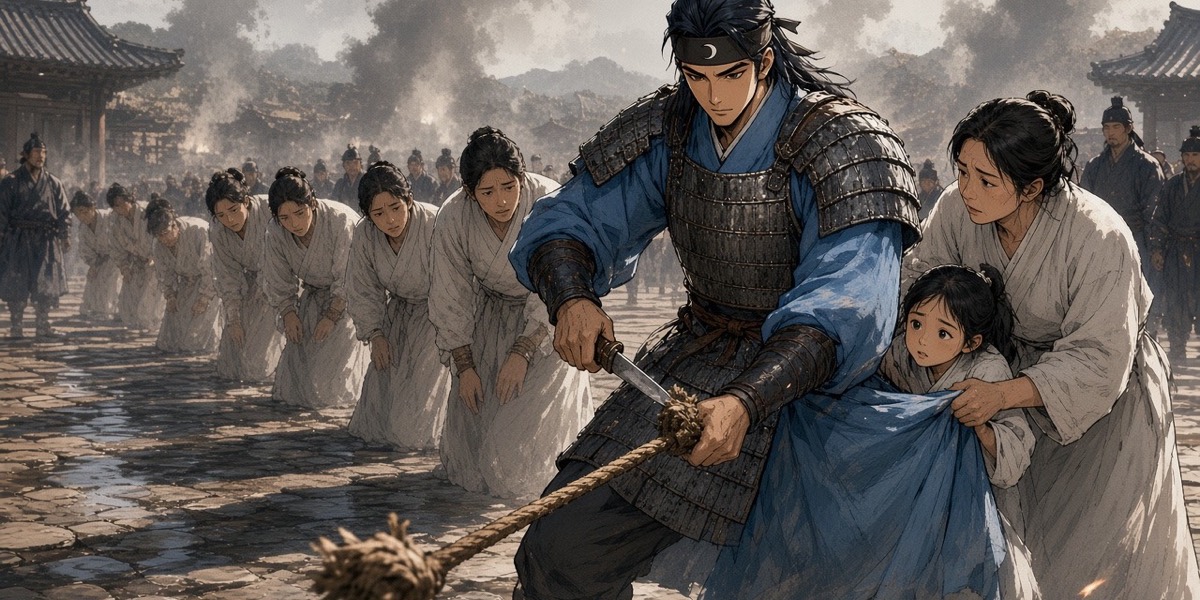 Sadaham cuts the rope on a line of three hundred Gaya captives in the square of the fallen city.