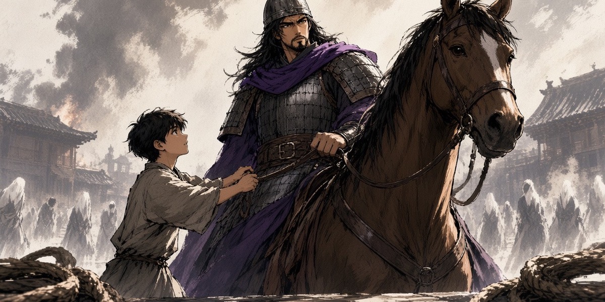 The general with the Gaya cone helm watches from his horse at the edge of the square; a thin boy holds his bridle.