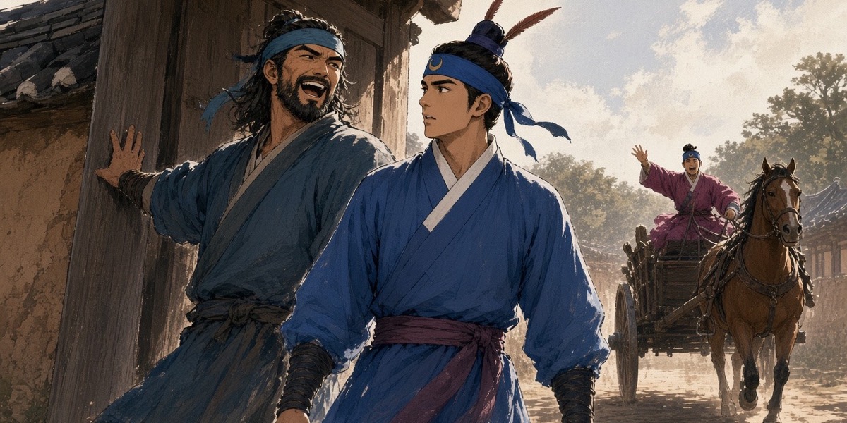 Seohyun laughs at his gate while Yushin stares at him; down the lane a young nobleman swerves past a charcoal cart.