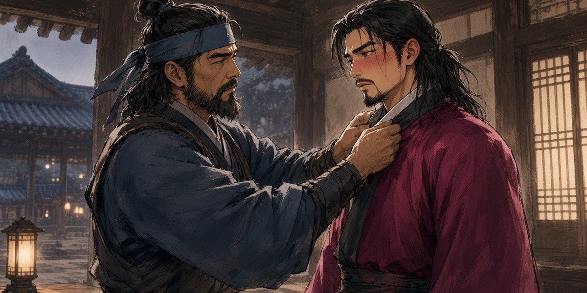 The old man straightens the young nobleman’s collar with both hands; the young man stands stiff and red-faced.