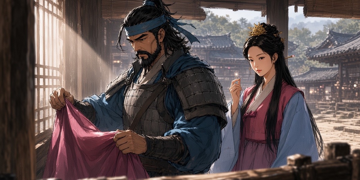 Their father holds the unpicked hem of a magenta coat up to the paper window while his daughter waits with a needle.