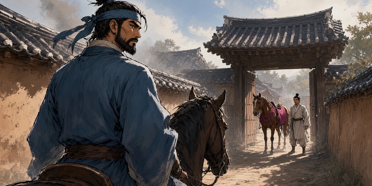 Seohyun on his own horse in the lane looks at a fine horse with a magenta saddlecloth tied at his gate.