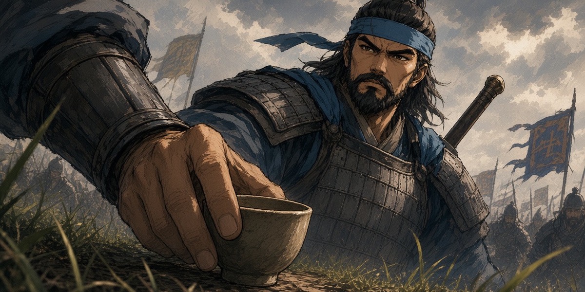 At the third charge, the old general sets his cold cup down on the ground.