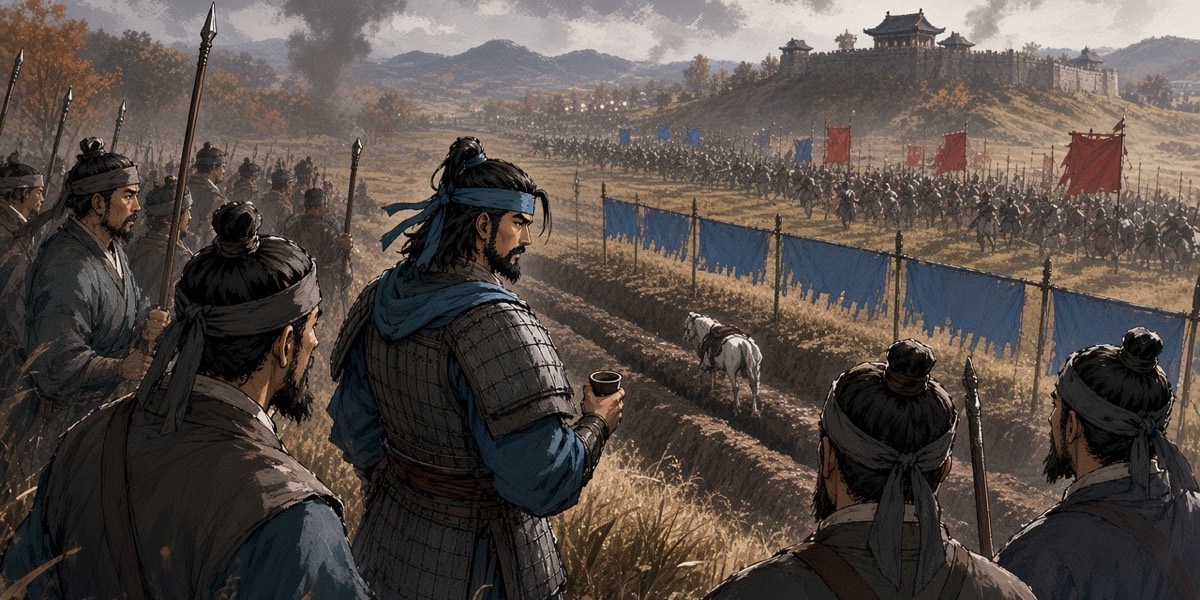 On a rise behind the trenches at Nangbi, the old general holds a cold cup and watches a white horse on the line below.