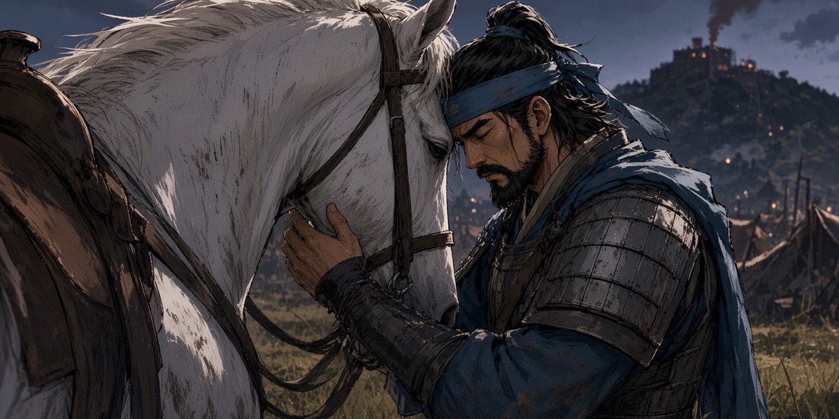 Behind the horse lines at dusk, Seohyun rests his forehead against the unnamed white horse.