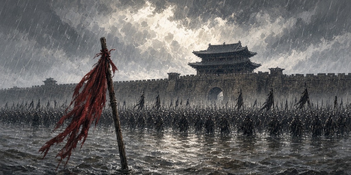 Forty thousand Wei soldiers stand in floodwater on the plain before the dark walls of the Liaodong city