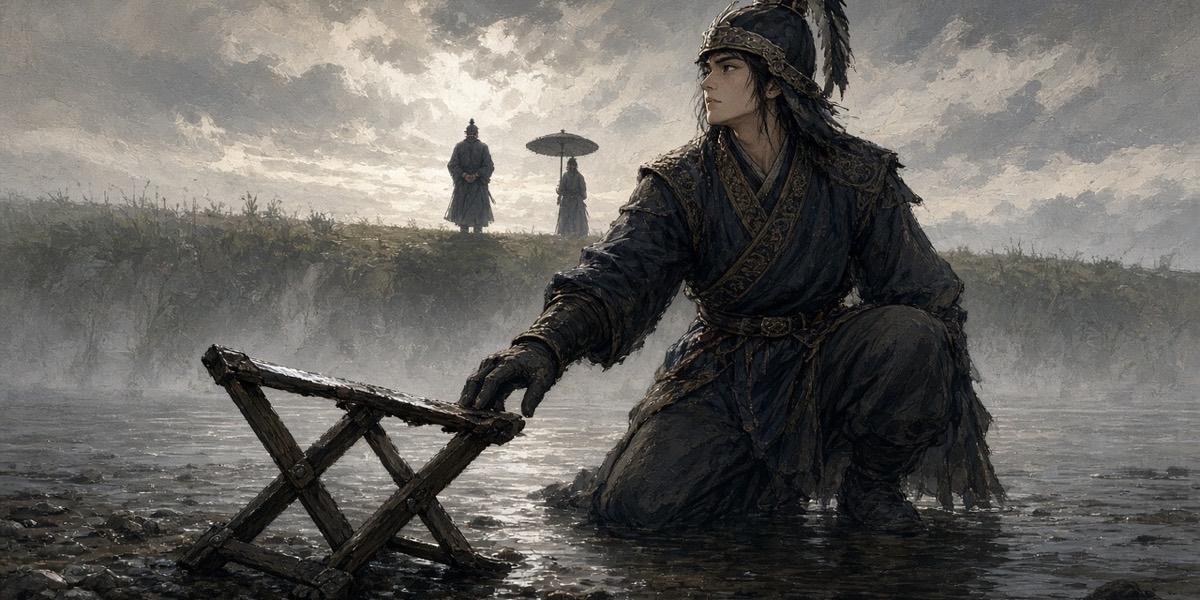 At an empty ford, a Goguryeo captain kneels by a folded camp stool; far off on a ridge a thin figure in a plain robe walks away