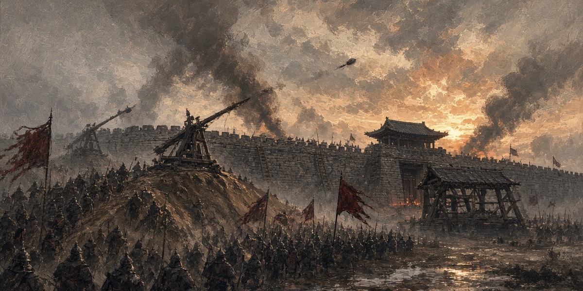 Wei siege engines hurl stones over the walls of the starving Liaodong city at dusk