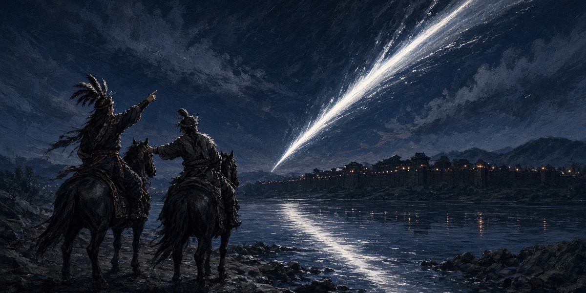A white meteor falls behind the besieged city into the river while two tiny Goguryeo riders watch from the gravel