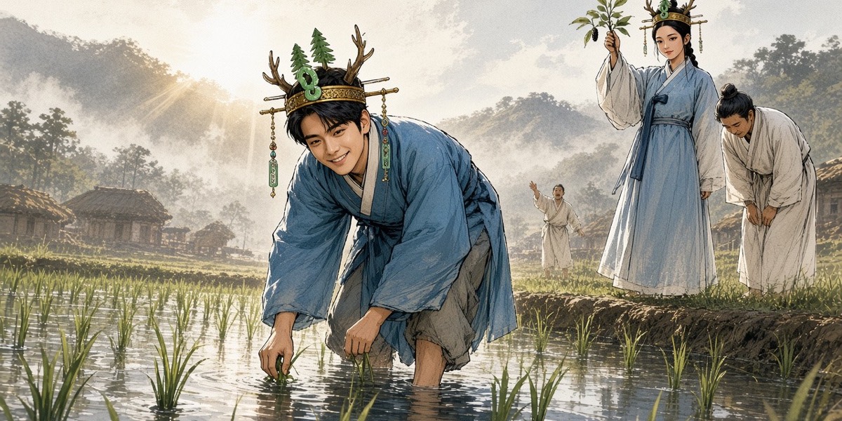 Barefoot in a flooded paddy, the young king straightens rice seedlings while the queen, on the bank, inspects a mulberry branch and a nervous village head.