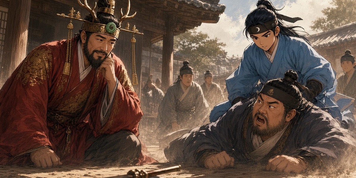 The young king watches from a timber porch as a thirteen-year-old Sadaham stands over a bigger boy he has just thrown in the dust of the first Hwarang yard.