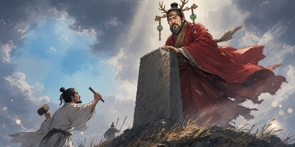 On a bare northern ridge, King Jinheung stands in the wind beside a tall half-carved boundary stone while a mason argues with his chisel raised.