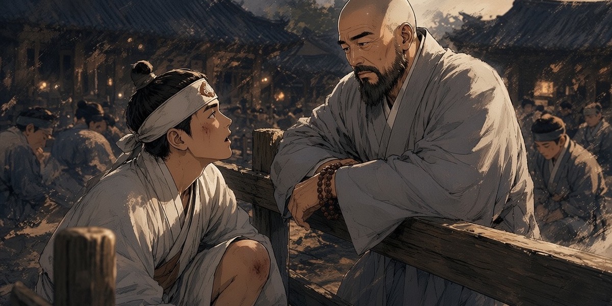 The old king, head shaved and in a grey monk's robe, leans on the Hwarang yard fence above a boy kneeling in the dust.