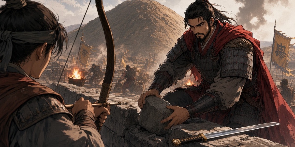 On Ansi's battered wall the Guardian sets a stone at a deliberate tilt while a young archer frowns at it; the Tang earthen mountain rises beyond.