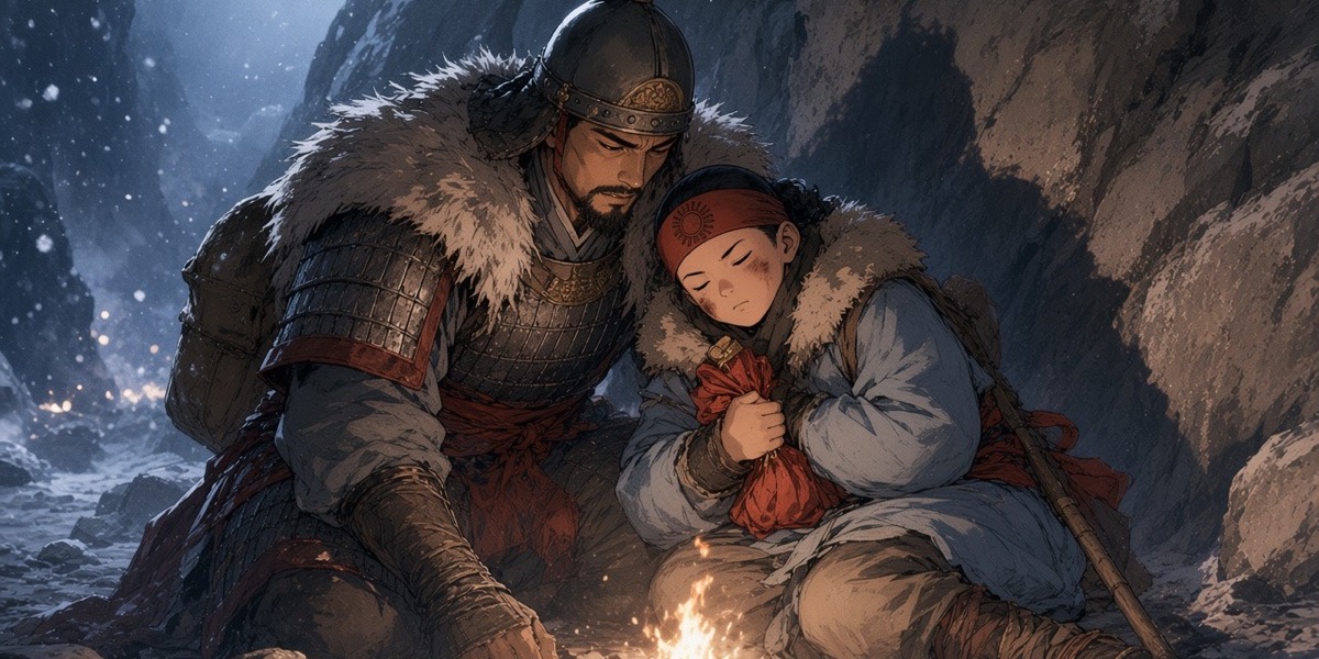 In a snowbound cave, Gulgul bends over his sleeping son by a tiny fire and speaks to the top of his head in Mohe.