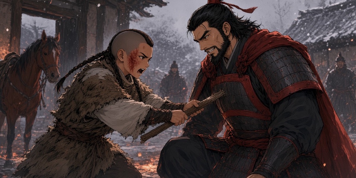 In a roofless Mohe doorway in the snow, a small boy with a shaved crown and braids shouts at Yeon, who crouches in front of him grinning.
