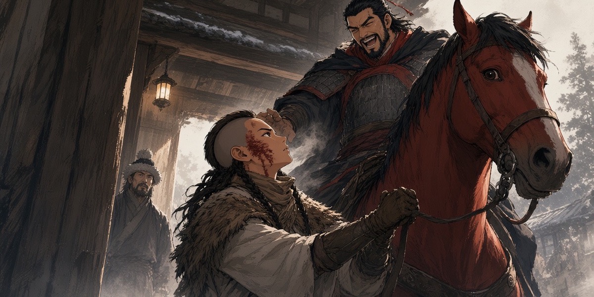 At a stable door at dawn, the Mohe boy in oversized gloves holds the bridle of Yeon's red bay while Yeon, in the saddle, laughs down at him.