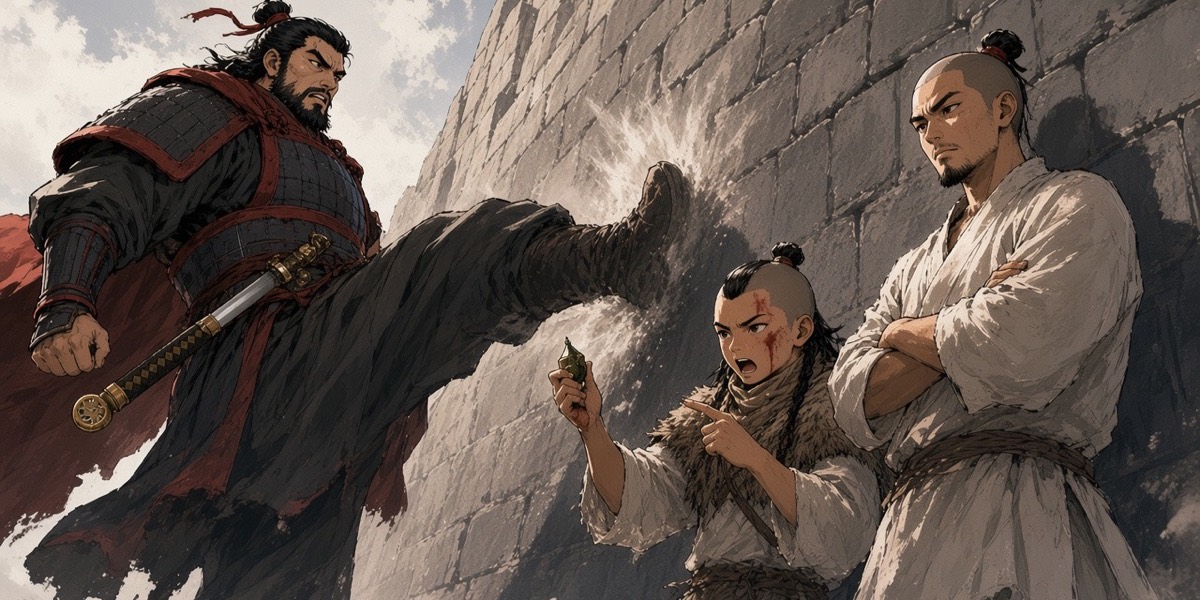 Yeon kicks the leaning stone and it does not move; the young soldier watches with one eye while the Mohe boy points at the stone.