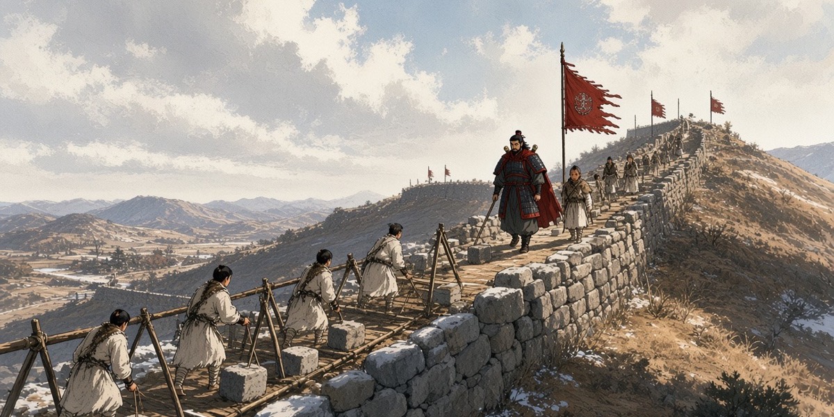 A half-built stone wall snakes over winter hills; a levy gang hauls stones while a tall commander walks the top with a plumb line and a small boy follows.