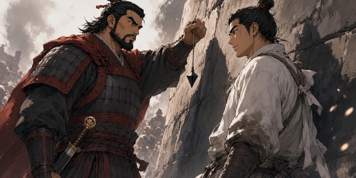 Yeon holds a plumb line against a leaning stone while a young soldier with one wandering eye looks back at him, unbothered.