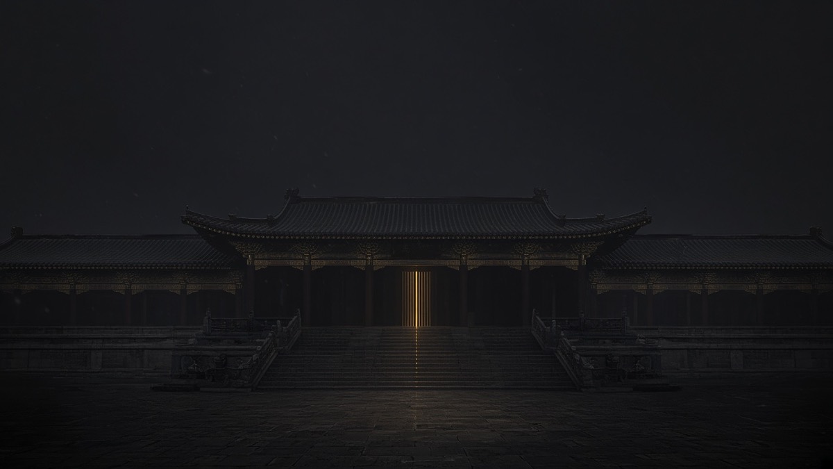 Wide empty Chang’an night court: one gold screen-slit, no throne clutter
