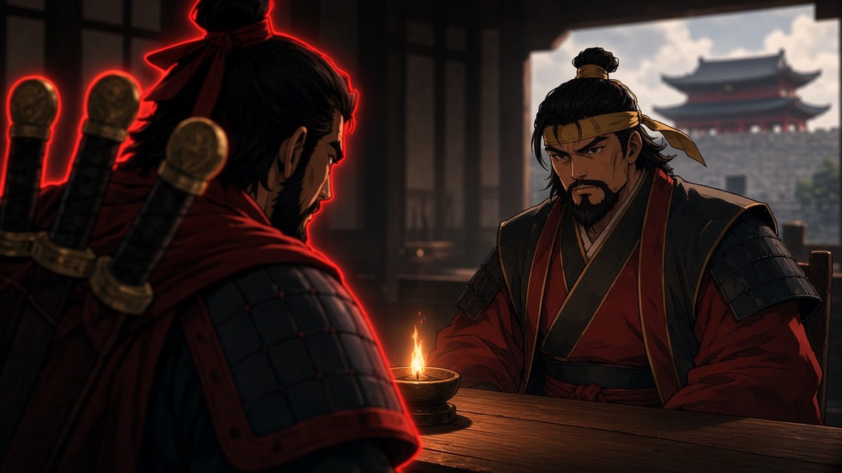 OTS lamp table: Gesomun and disguised Euija across timber — two king-breakers, Pyongyang night