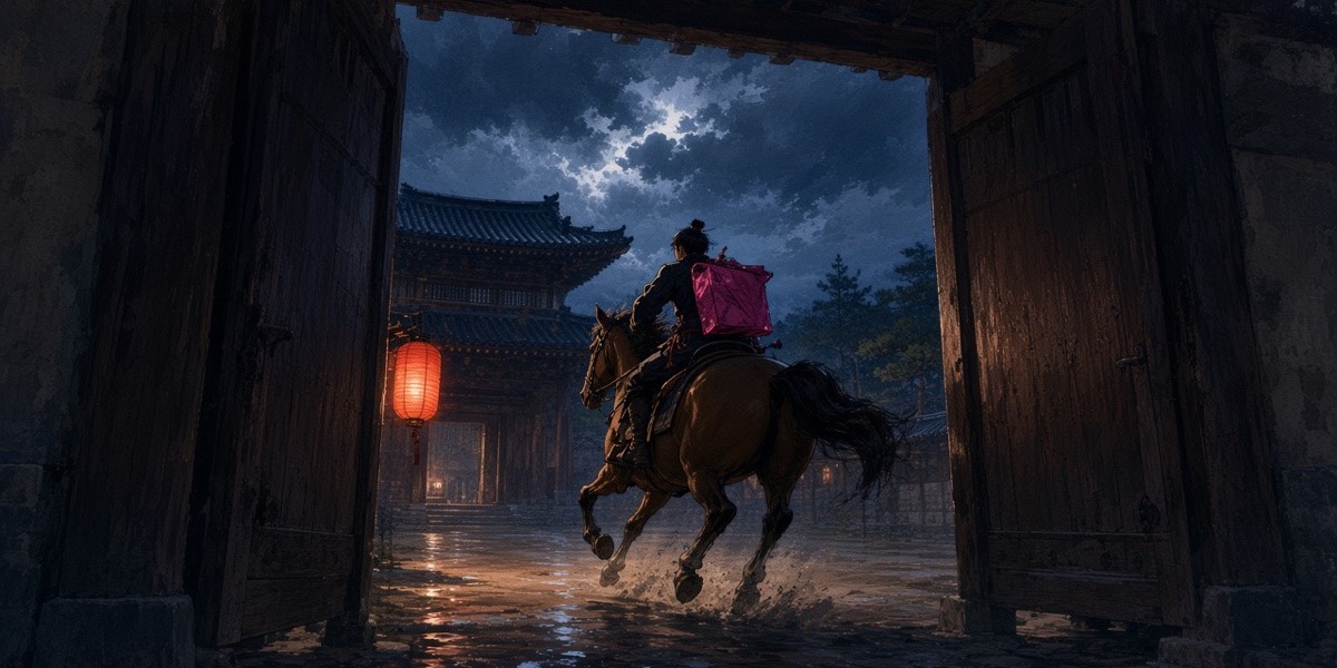 Out through the moon-palace gate at blue dusk: one courier breaks into a gallop with the sealed packet on his back