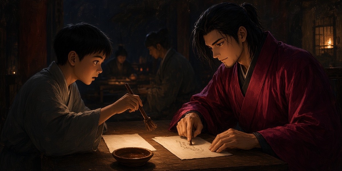 Across the work table: Chunchu taps petition, seal and tally laid in a row and looks up at the youngest clerk, whose brush hovers