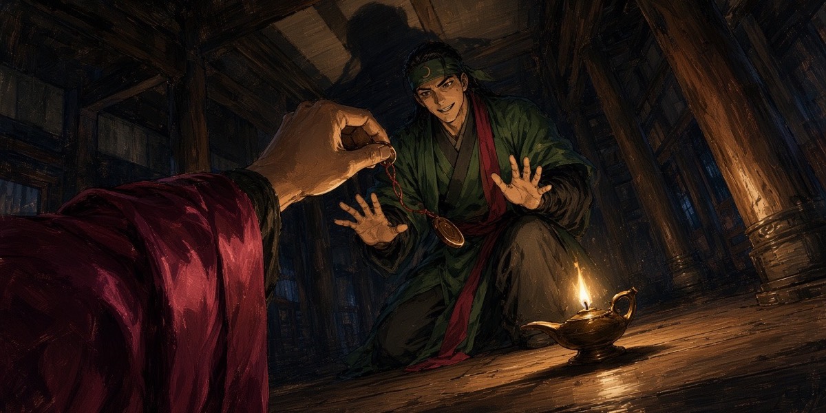 Worm’s-eye: Jukji drops to one knee, fighting a grin, as Chunchu lays the seal-cord across his palms