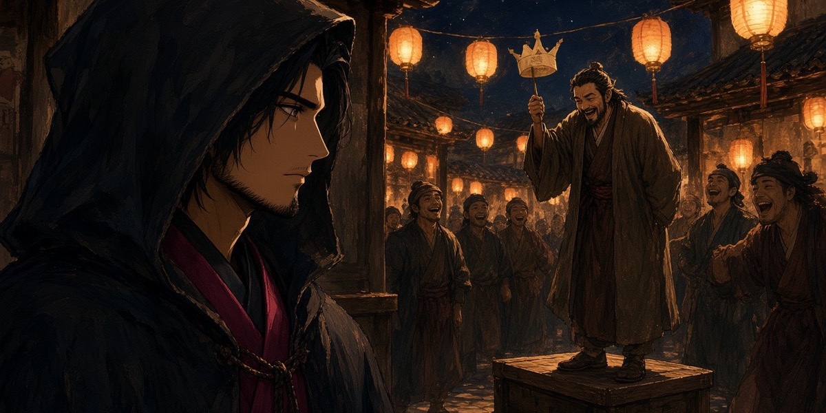 Night market: a storyteller on a crate mimes a lovesick prince bowing to a paper Tang crown; at the dark edge, Chunchu listens under a hood and does not smile