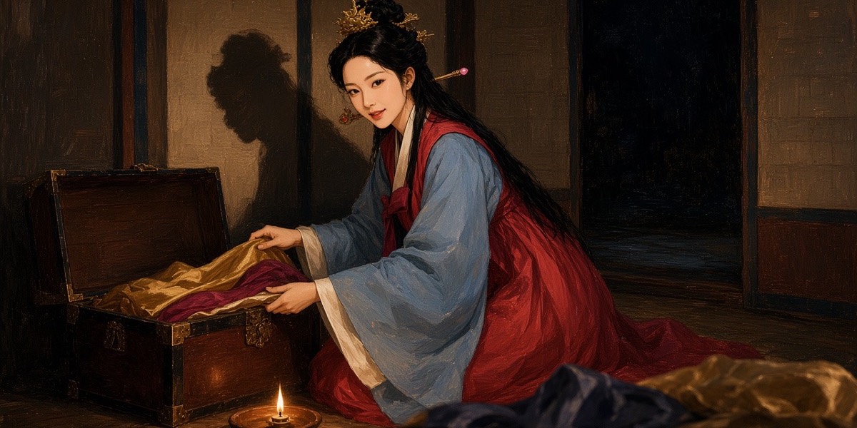 Munhee, packing a travel chest by lamplight, looks back over her shoulder with a dry little smile