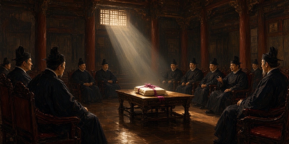 The Harmony Council at dawn: polished chairs, small stiff old lords, and a petition already sealed and lying in the one shaft of light