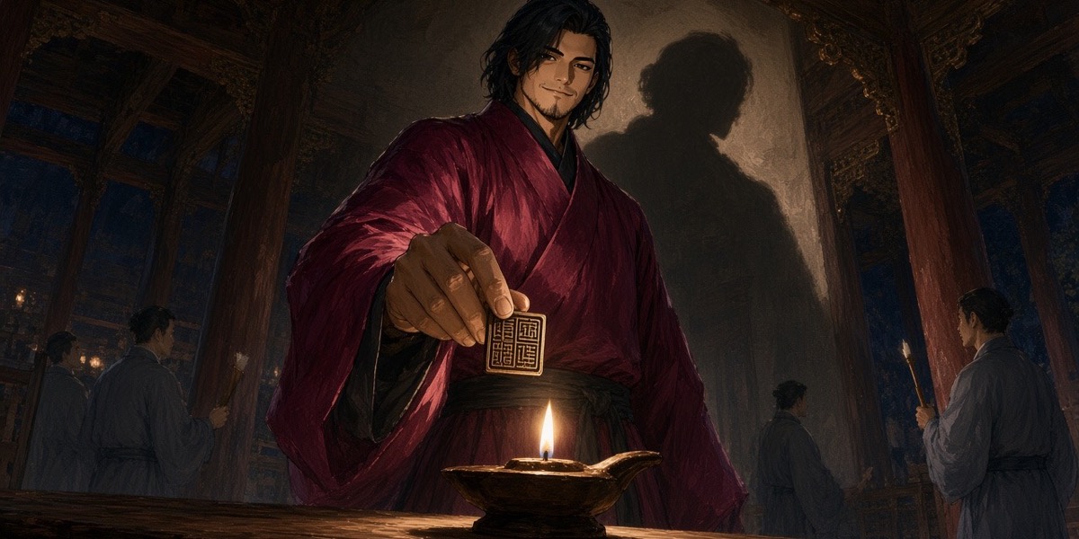 Dutch angle in the side hall: Chunchu holds the small royal seal into the lamp’s pool while three clerks lean in behind him
