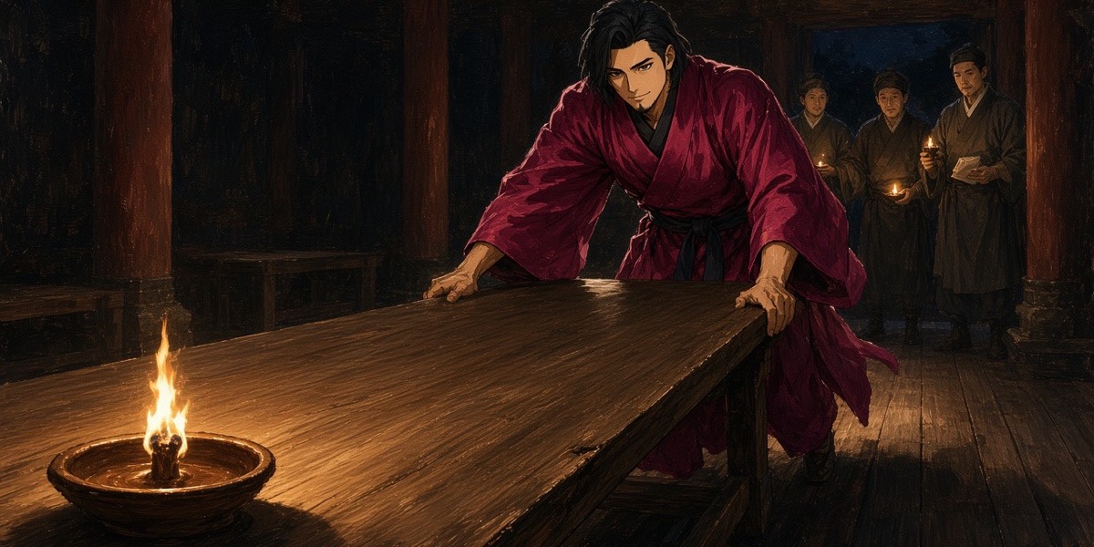 Chunchu, sleeves pushed back, shoves a bare banquet table into the middle of an empty side hall while his first three clerks hover in the doorway with lamps