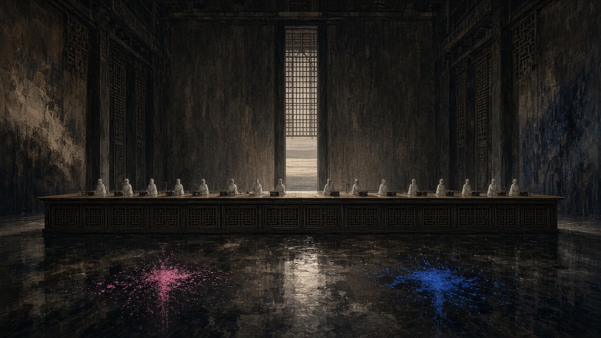Wide empty Silla secretariat: one long desk-bar, pink and blue ink specks