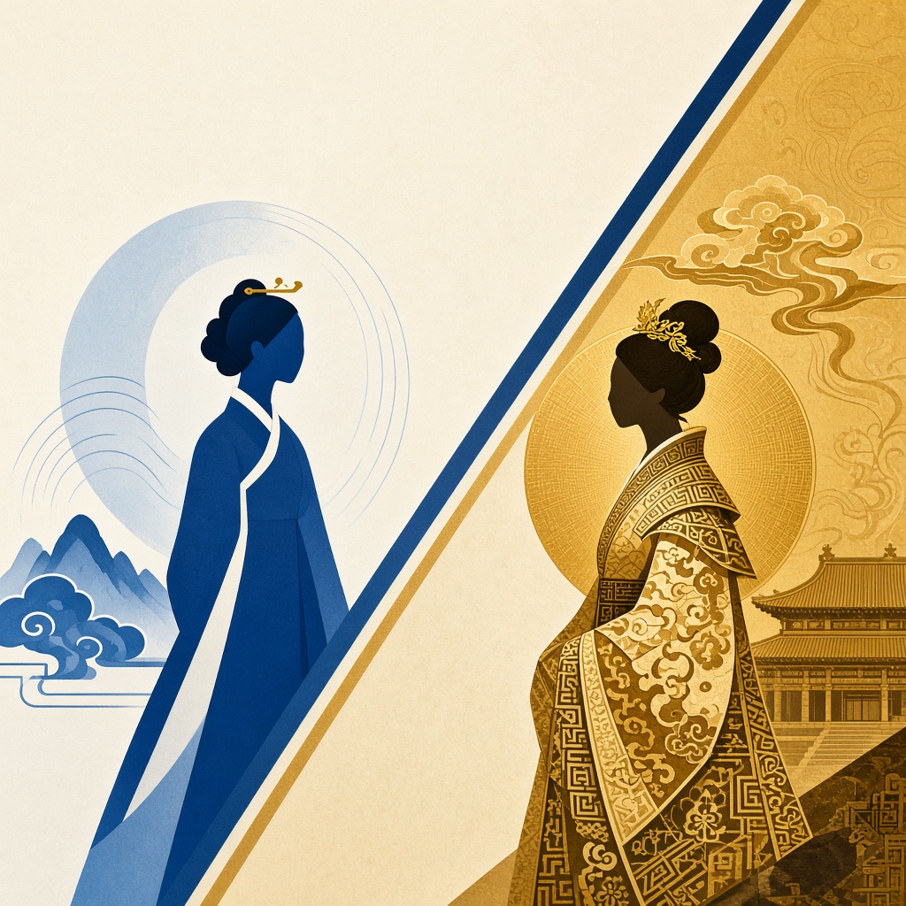 Tang court dress contrasting with traditional Korean robes — the imported grammar visualized