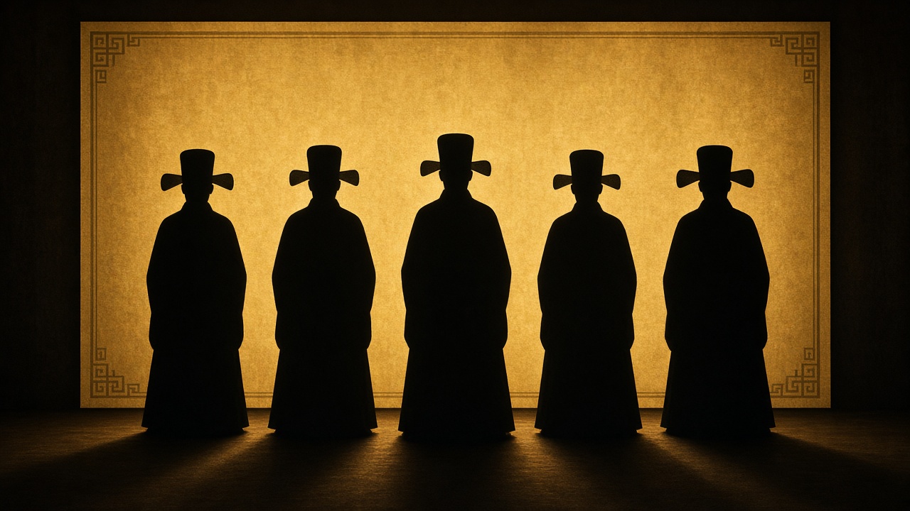 Shadow silhouettes of officials in Chinese hats — identity transformed through imported forms
