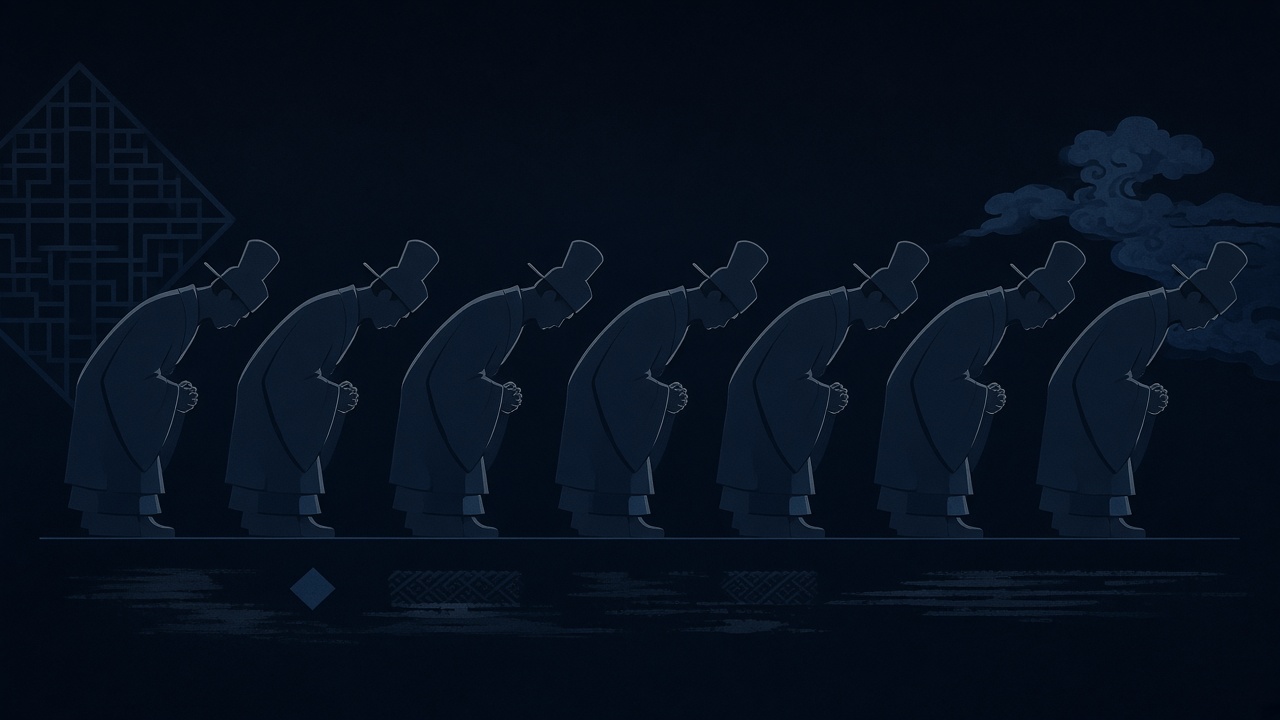 Ministers bowing in Tang fashion — synchronized submission to new ceremonial grammar