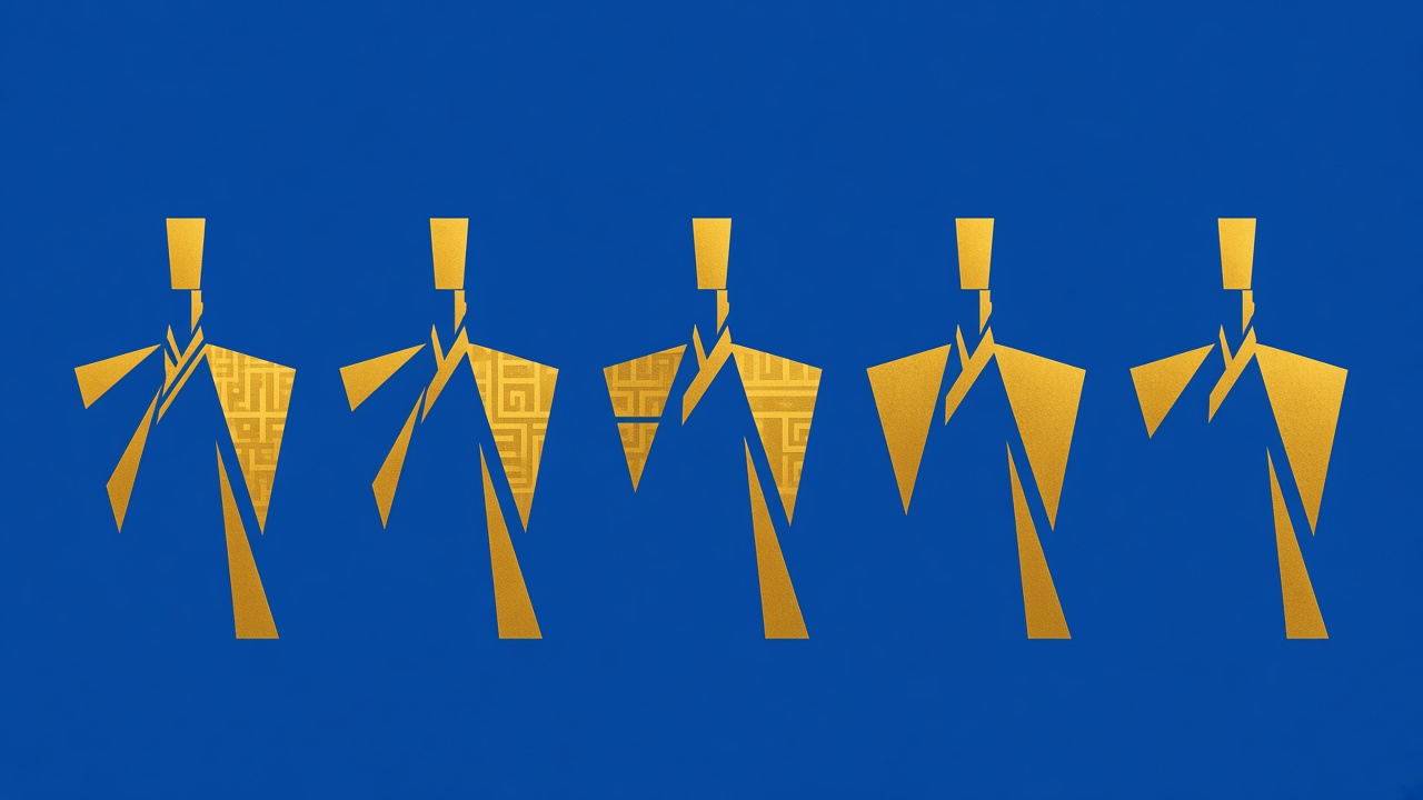 Secretariat members in Chinese robes standing in geometric formation — cultural transformation symbolized