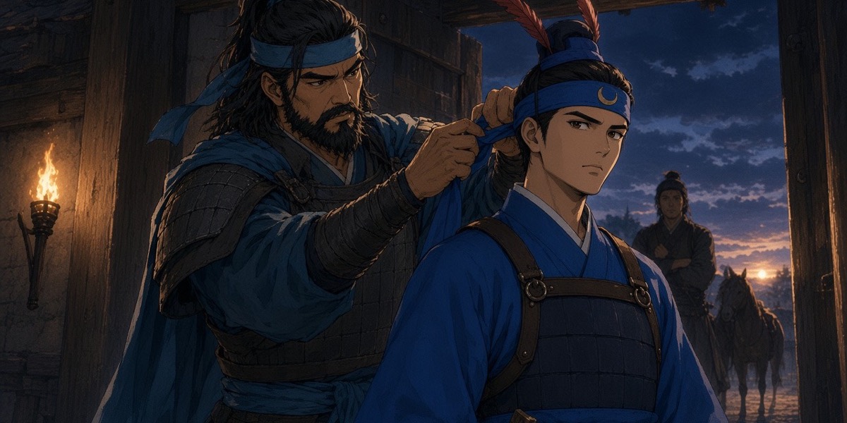 At the county-house gate, Seohyun reties fifteen-year-old Yushin's headband too tight while Manmyung watches from the doorway.