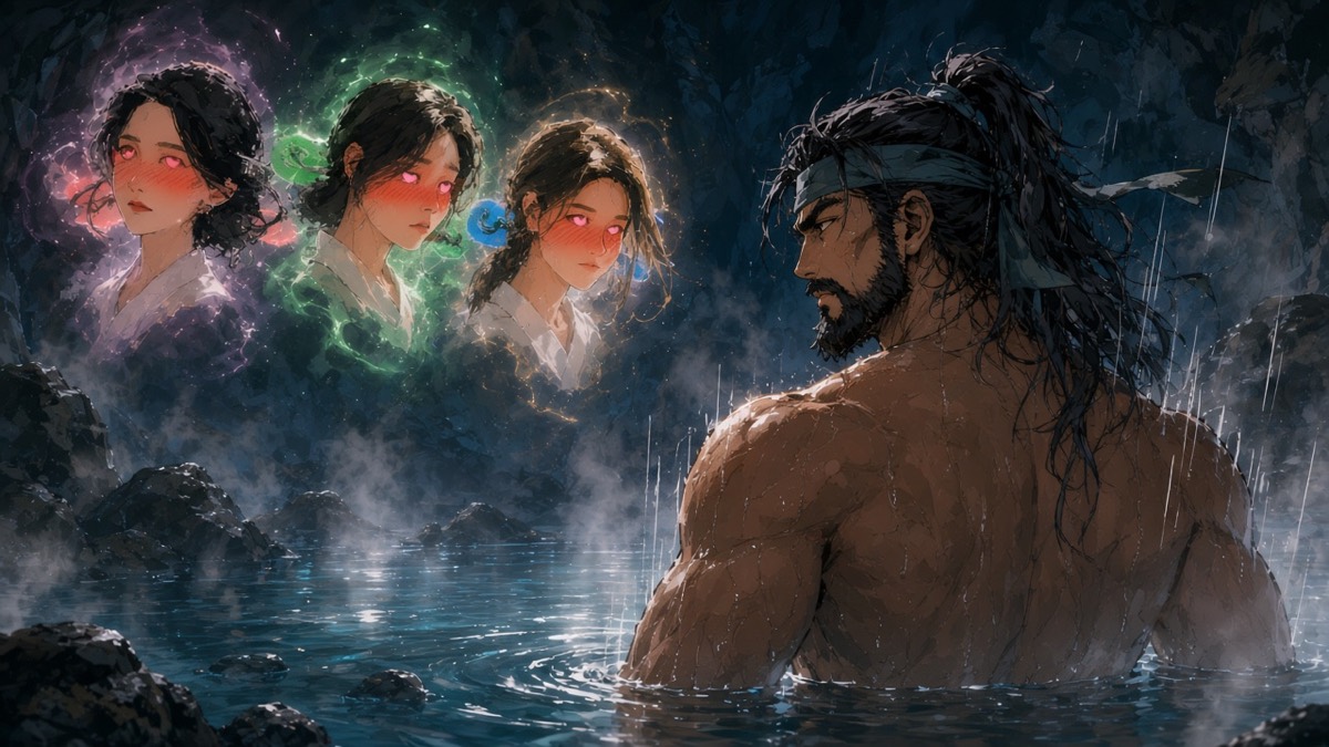 Manhwa page-turn: three goddess faces freeze, heart pupils, motion lines in steam around bare Seohyun