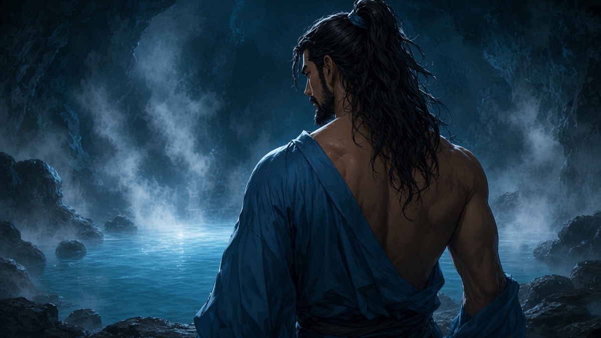 Seohyun from behind at the cavern lip — bright blue robe falling, muscular back, going naked into cyan steam